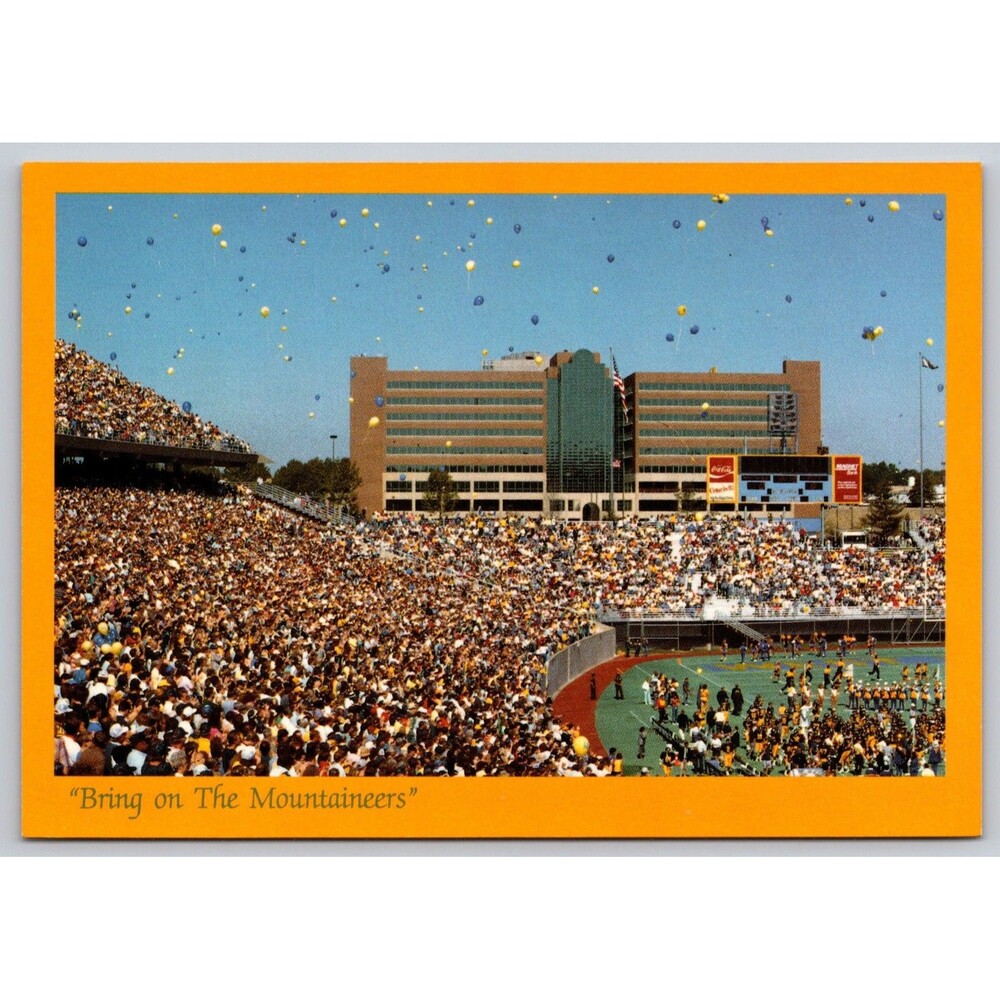 WVU Football Postcard Bring on the Mountaineers Stadium Ruby Memorial Hospital
